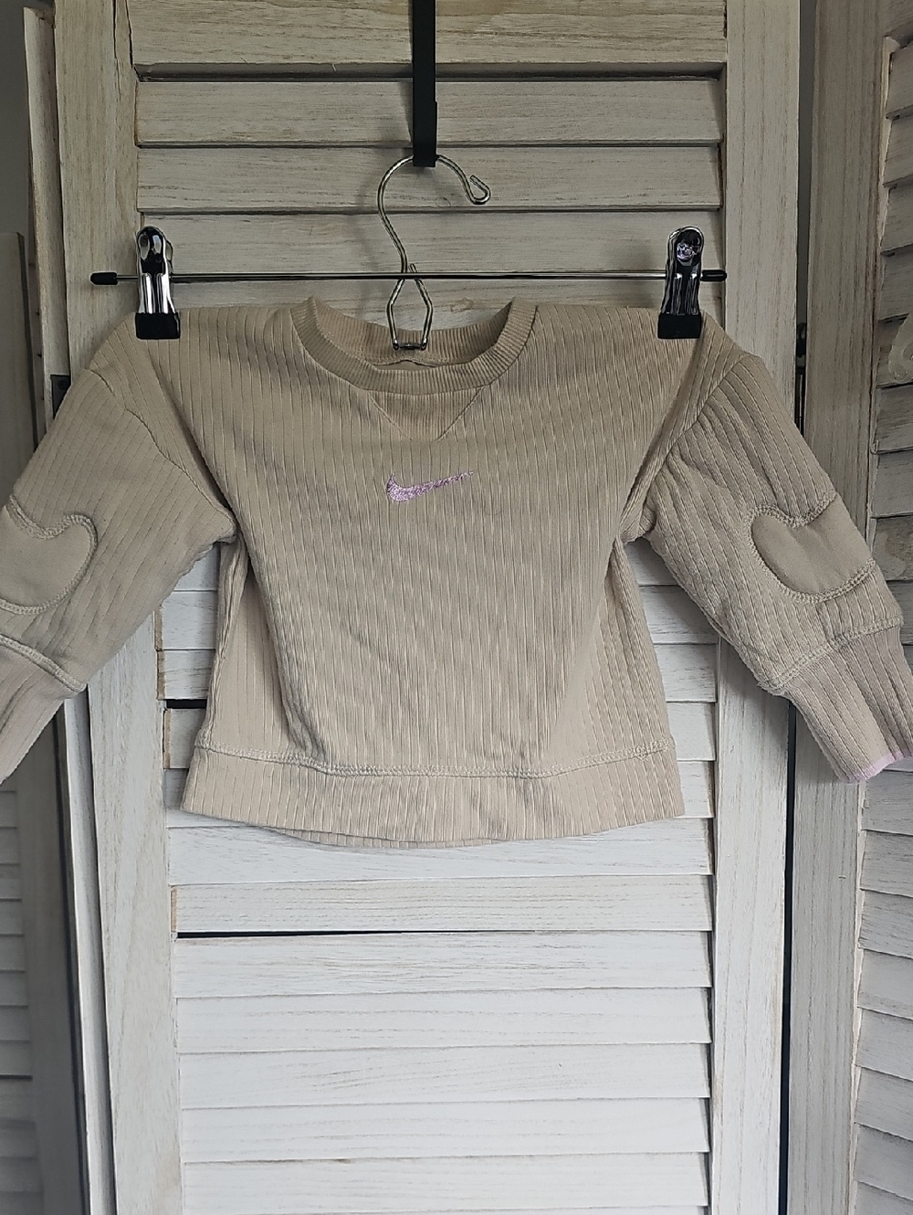 Nike Tan Infant Sweatshirt with Pink Swoosh And Puff Nike On Sleeves.